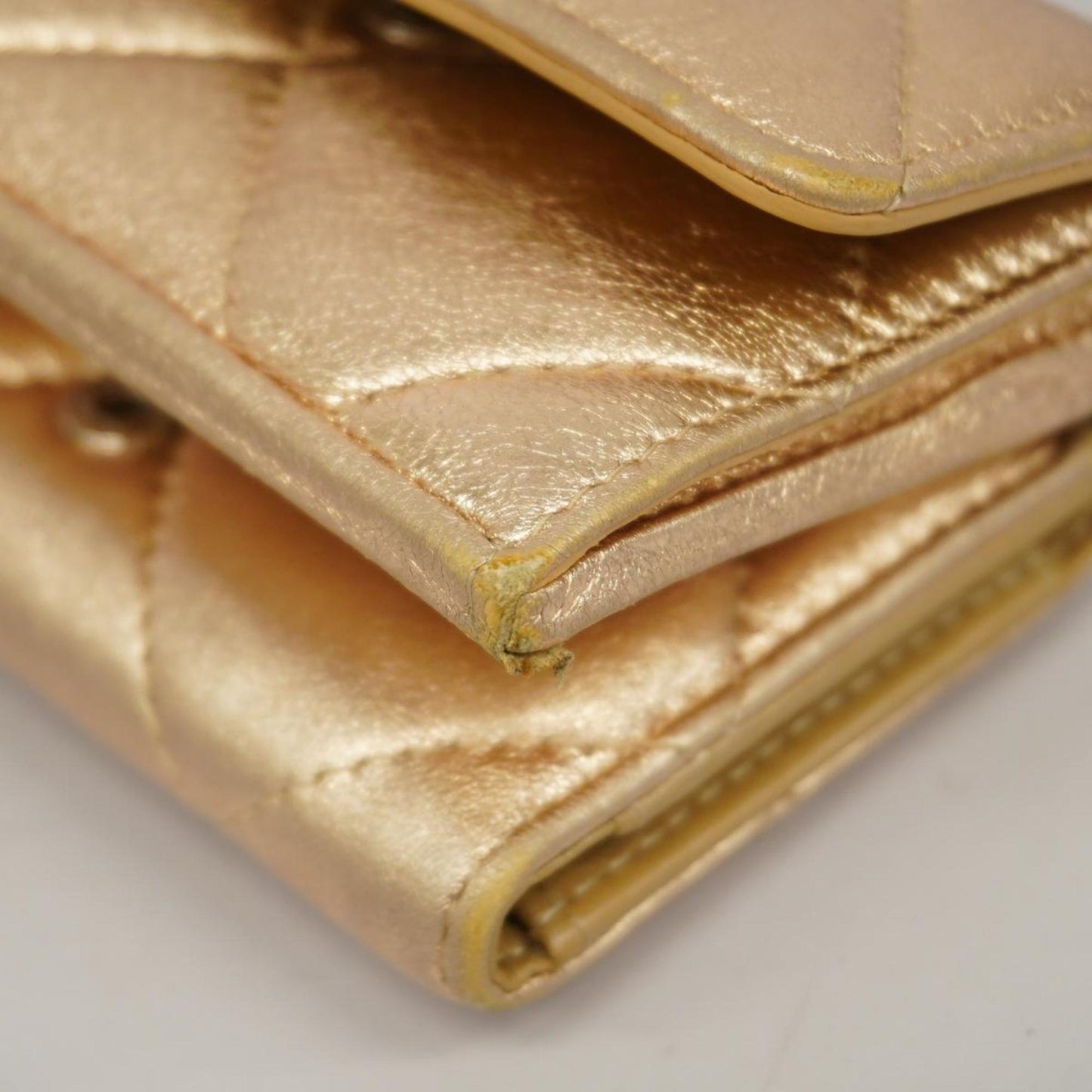 Chanel Tri-fold Wallet Matelasse Lambskin Champagne Gold Women's
