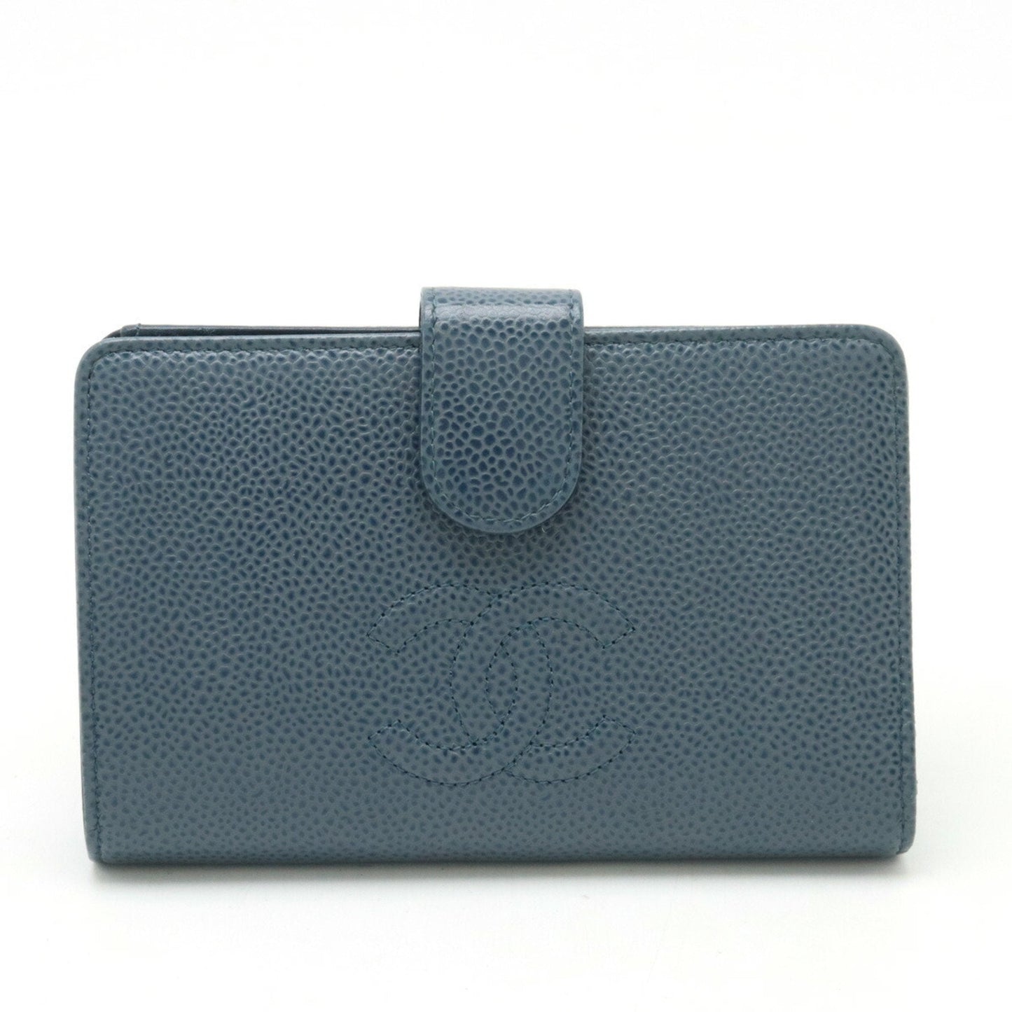 CHANEL Coco Mark Bi-fold Wallet Caviar Skin Leather Blue Gray A50073