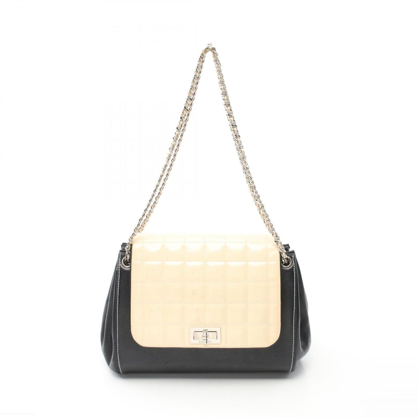 CHANEL 2.55 Chocolate Bar Shoulder Bag Patent Leather Lambskin Women's Black Beige