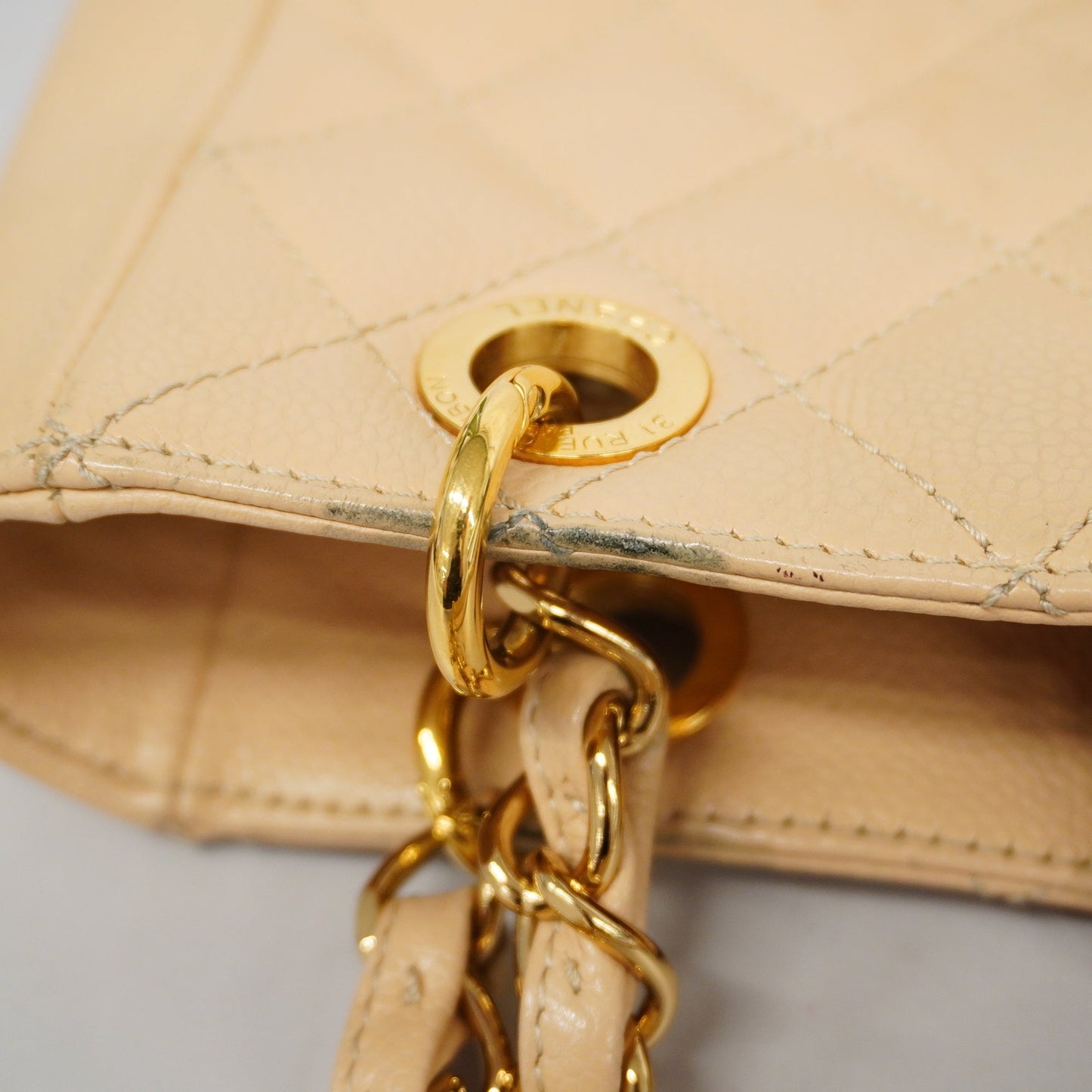 ChanelAuth  Matelasse Chain Shoulder Women's Caviar Leather Tote Bag Beige