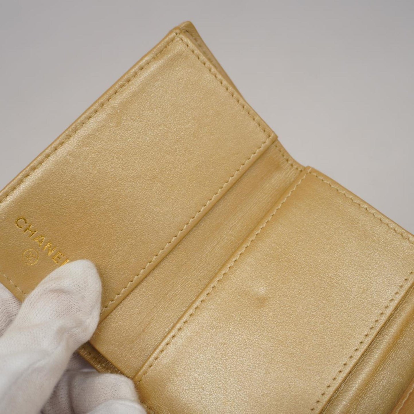Chanel Tri-fold Wallet Matelasse Lambskin Champagne Gold Women's