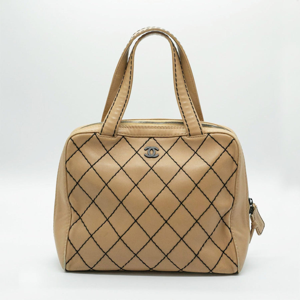 CHANEL Handbag Wild Stitch Leather Beige Black Women's PD53