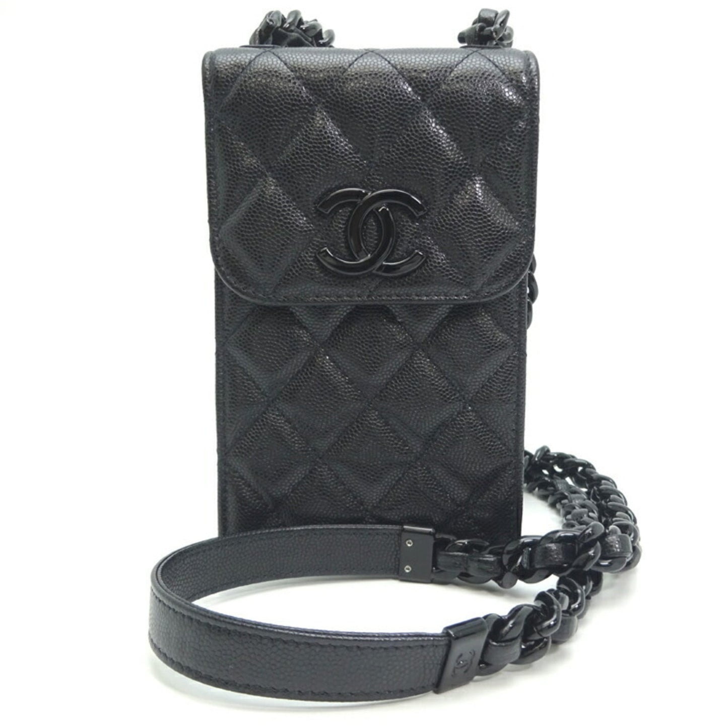 Chanel Matelasse Phone Case Chain Women's Shoulder Bag Caviar Skin Black