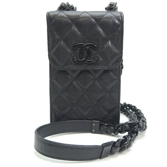 Chanel Matelasse Phone Case Chain Women's Shoulder Bag Caviar Skin Black