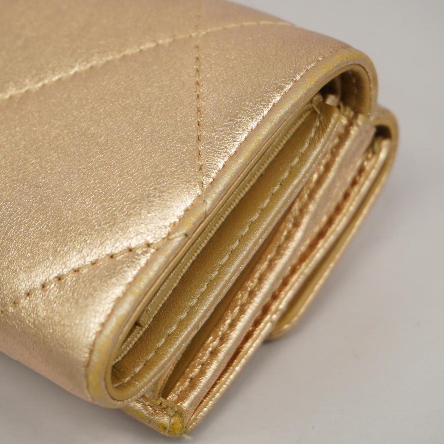Chanel Tri-fold Wallet Matelasse Lambskin Champagne Gold Women's