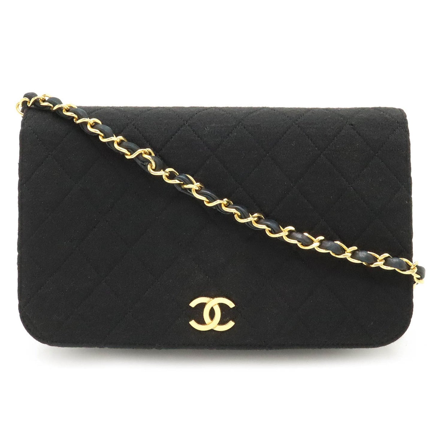 CHANEL Matelasse Chain Bag Shoulder Quilted Cotton Jersey Leather Black