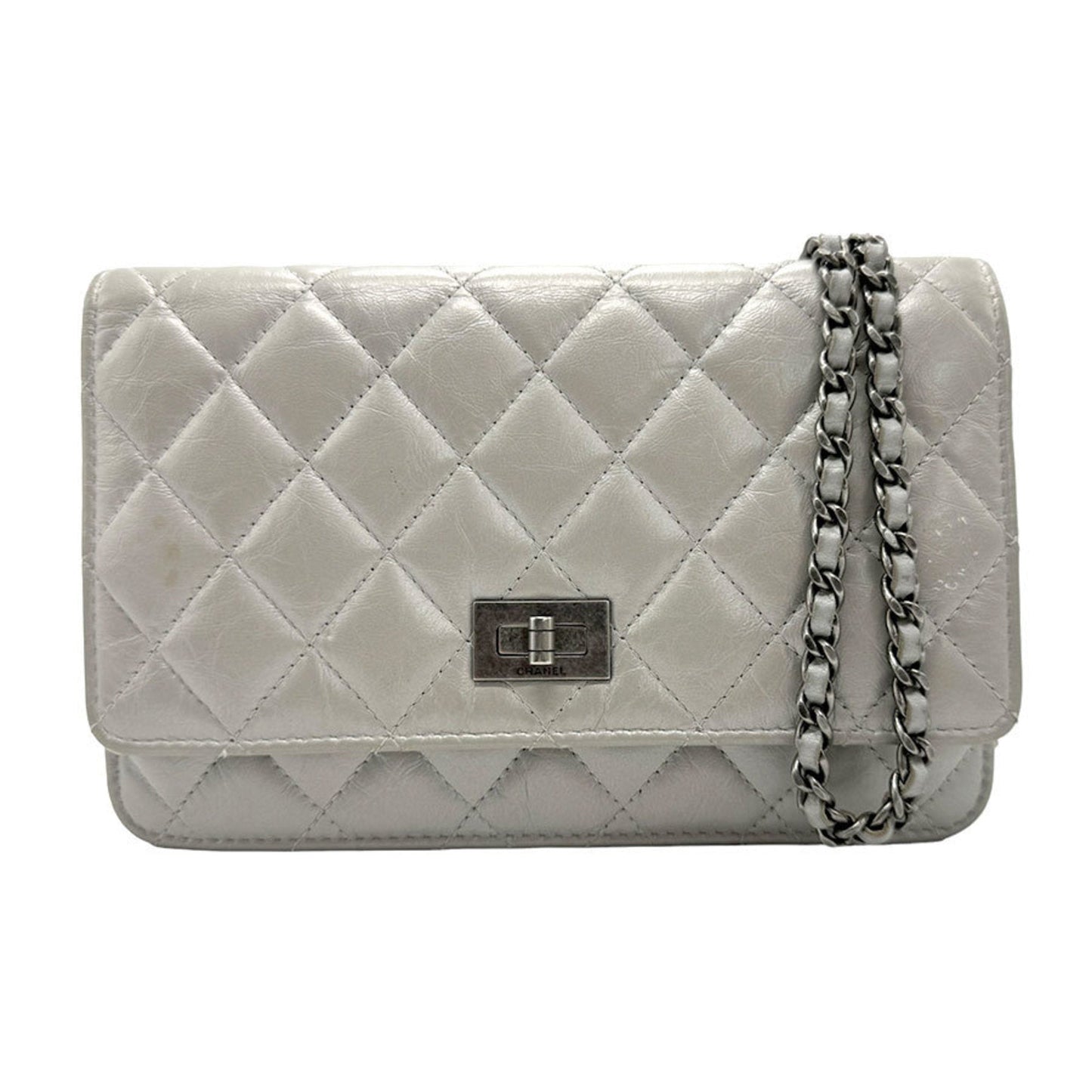 CHANEL Chain Wallet 2.55 Leather Matte Silver Women's z1886