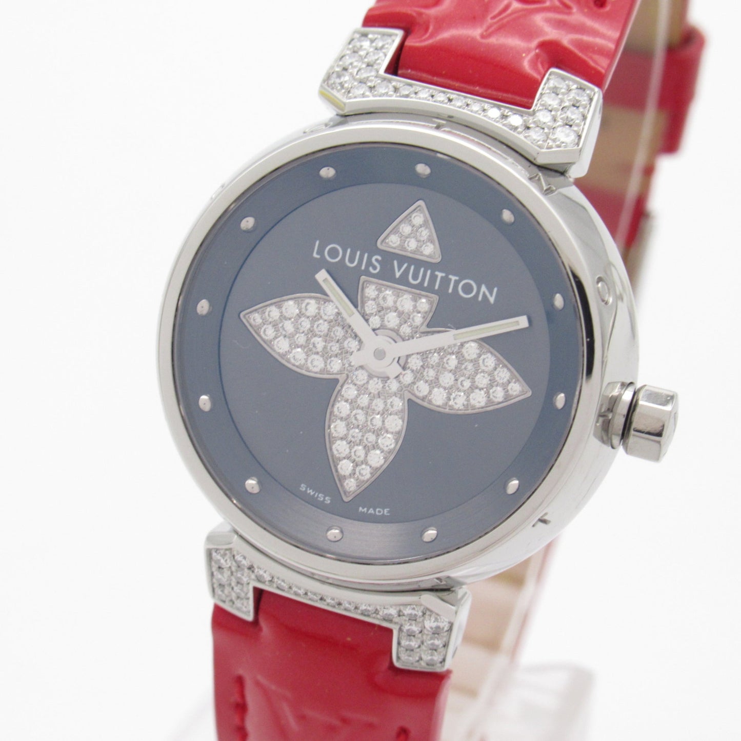 LOUIS VUITTON Tambour Forever Wrist Watch Watch Wrist Watch Q121F Quartz Gray Stainless Steel Leather belt diamond Q121F