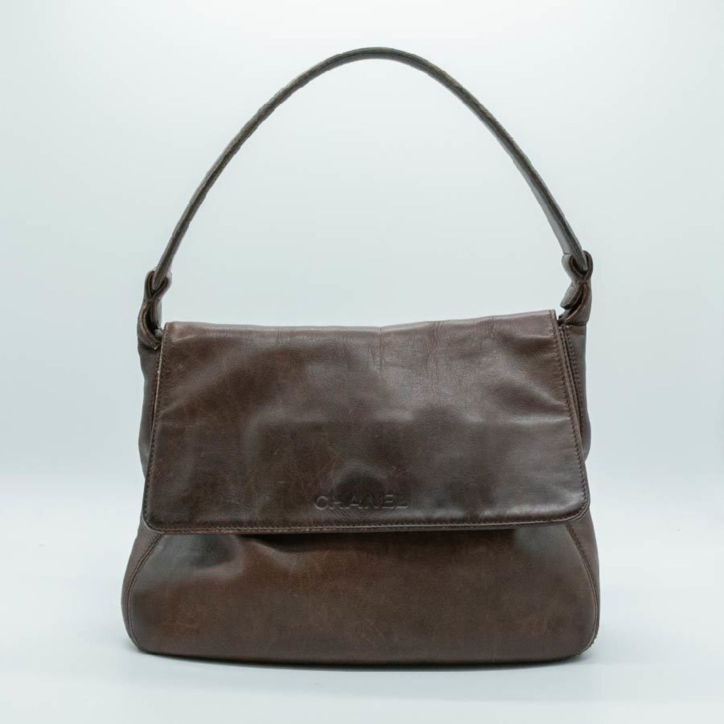 CHANEL Shoulder Bag Handbag Slap Leather Brown Black Women's PD57