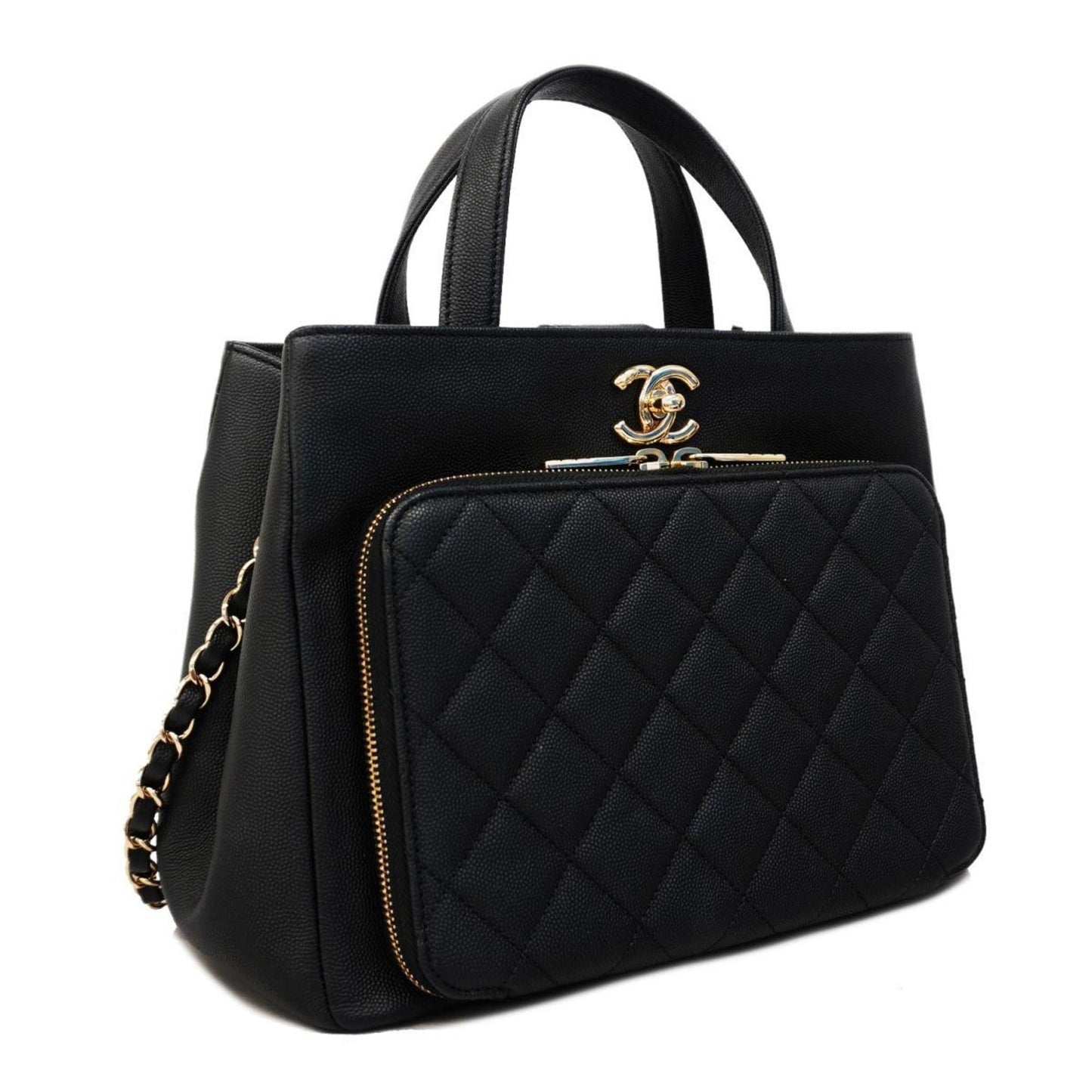 Chanel handbag, Matelasse, chain shoulder, caviar skin, black, champagne, ladies