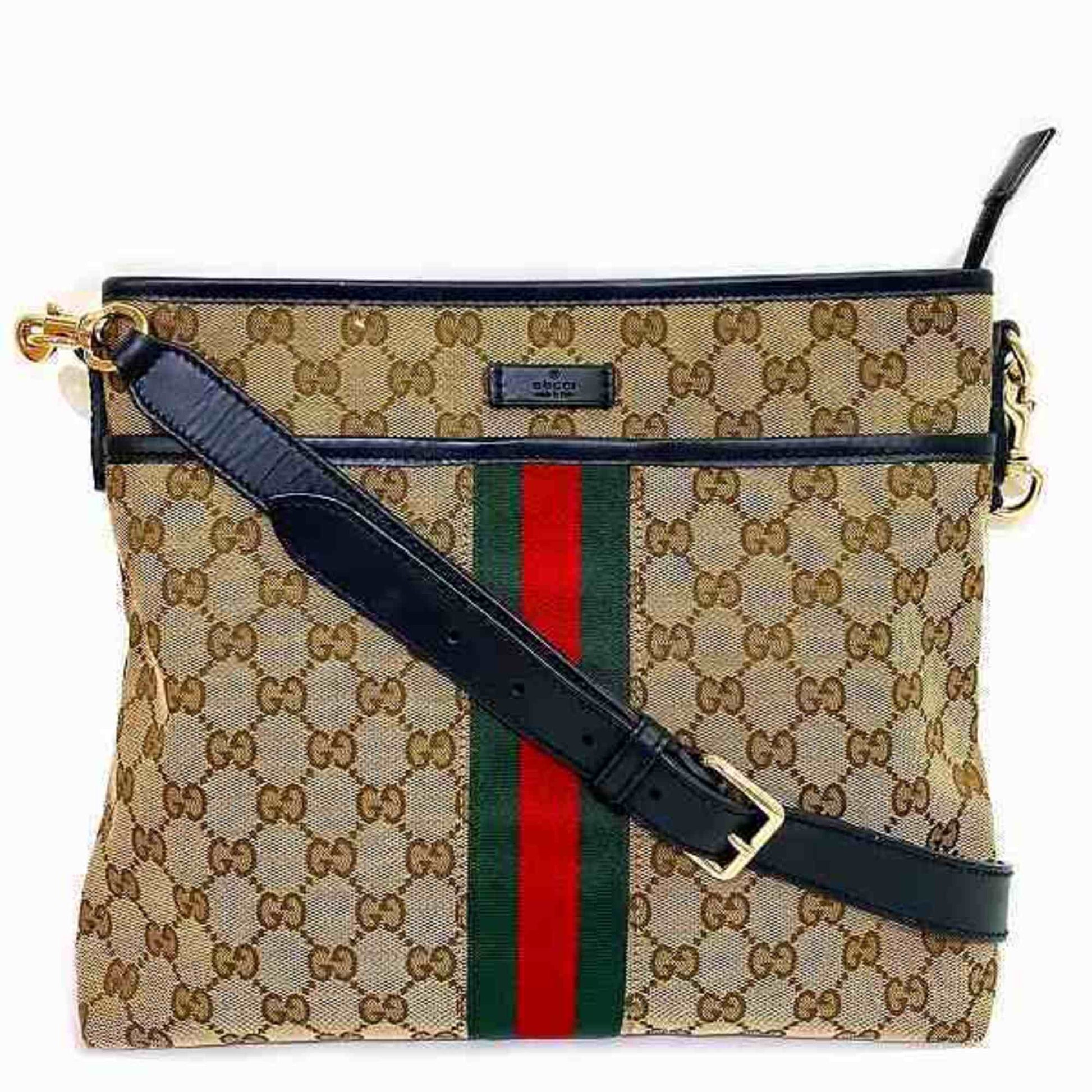Gucci Beige Black Gg Canvas Leather Shoulder Bag ()