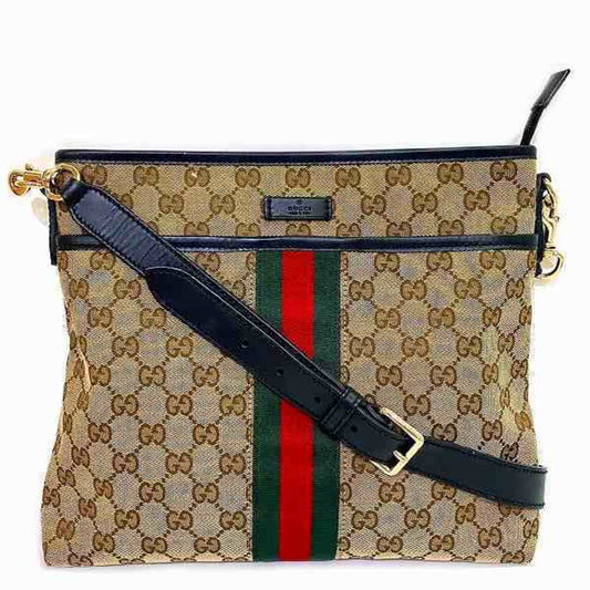 Gucci Beige Black Gg Canvas Leather Shoulder Bag ()