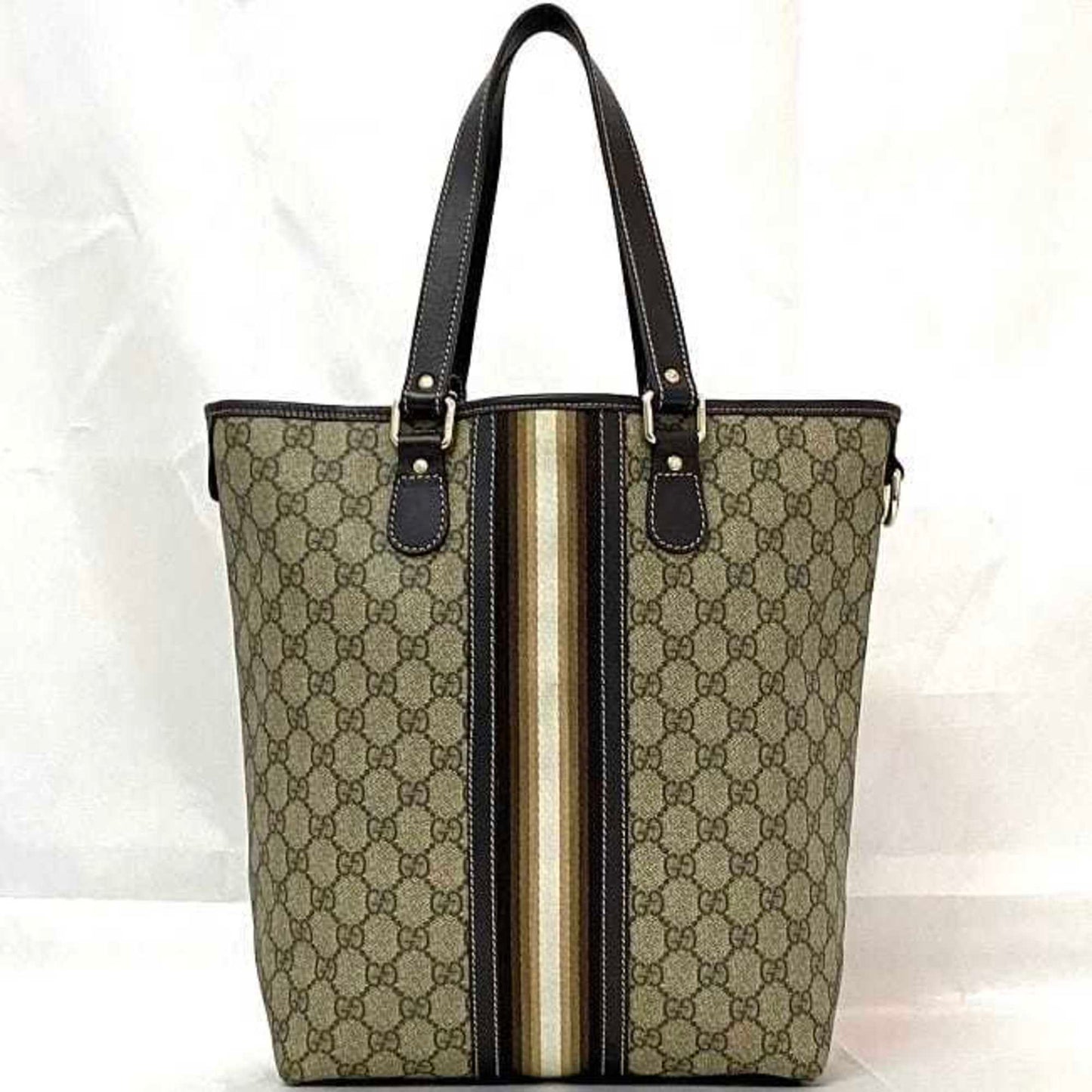 Gucci Beige Brown Leather Pvc Tote Bag