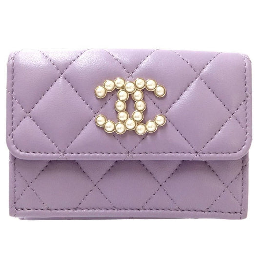 CHANEL Chanel Bi-fold Wallet AP3808 Small Flap CC Pearl Coco Mark Lambskin Light Purple 180546