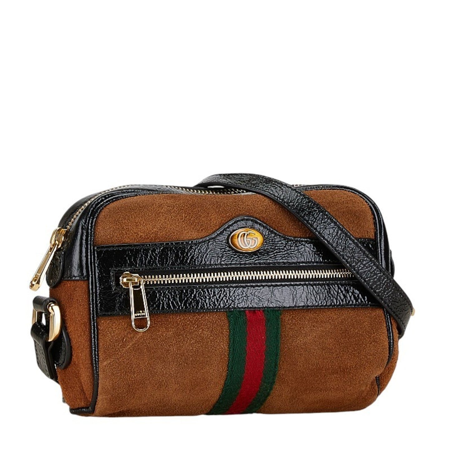 Gucci Black Brown Patent Leather Suede Shoulder Bag