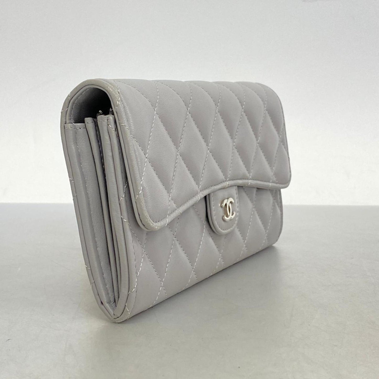 Chanel Long Wallet Matelasse Lambskin Grey Women's