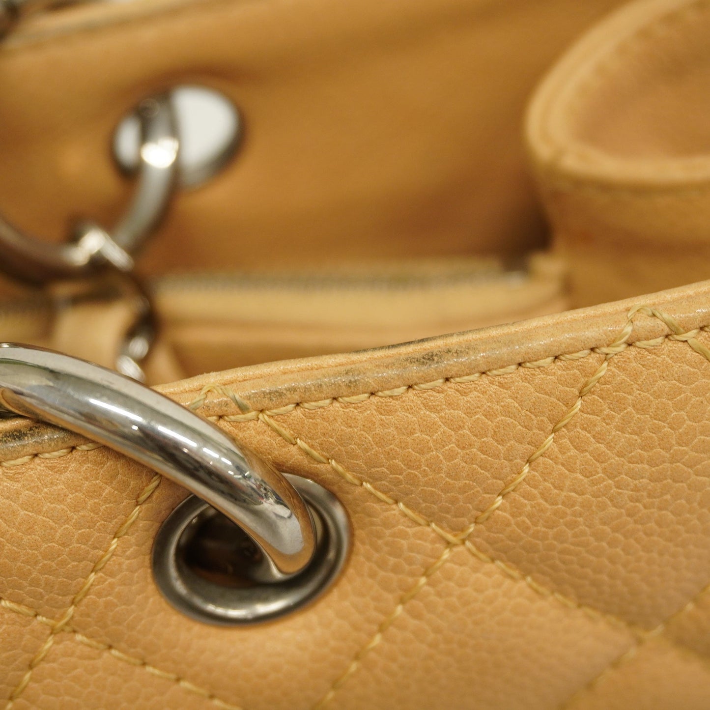 Chanel[3ca0361]   Tote Bag Matelasse Chain Shoulder Caviar Skin Beige Silver metal