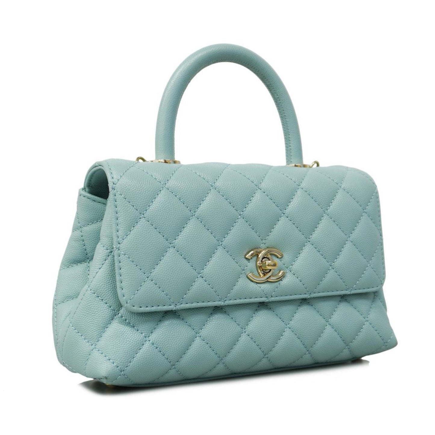 Chanel handbag, Matelasse, Coco handle, chain shoulder, caviar skin, light blue, champagne, women's