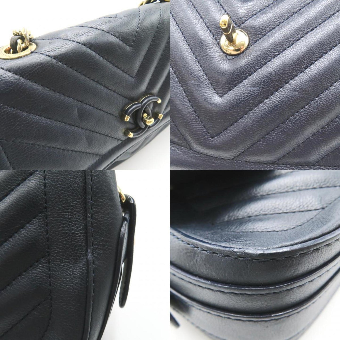 CHANEL V-stitch chain shoulder bag, calf leather, for women, navy