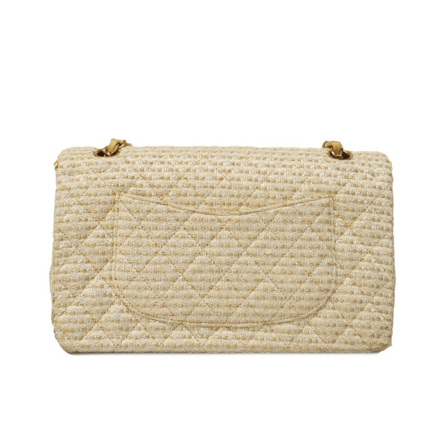 Chanel Shoulder Bag Matelasse W Flap Chain Tweed White Champagne Women's
