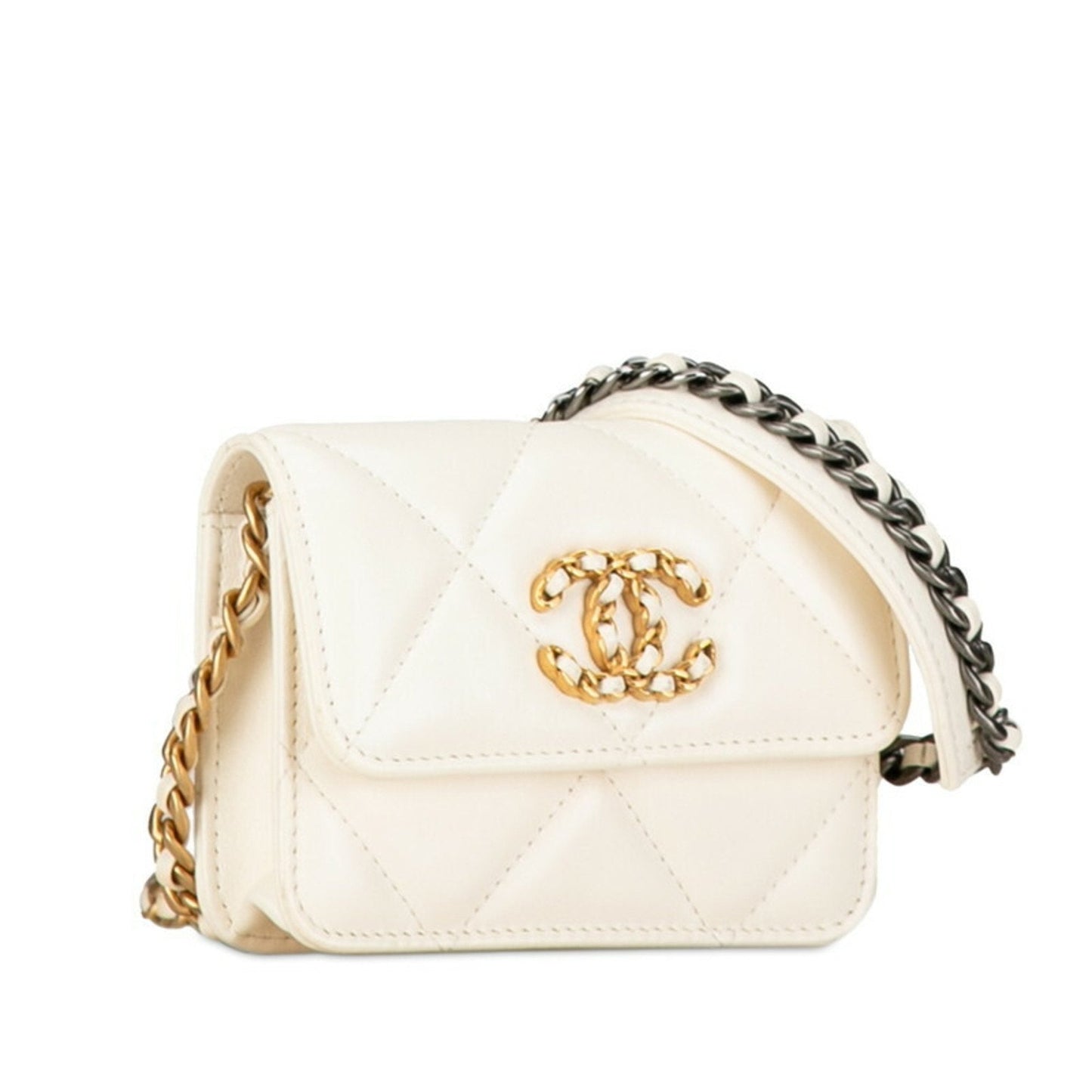 CHANEL Chanel 19 Chain Shoulder Bag White Gold Silver Lambskin Women's