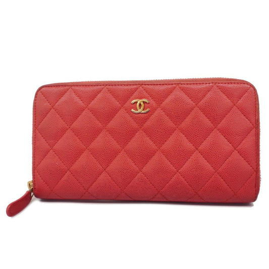 Chanel Long Wallet Matelasse Caviar Skin Red Champagne Women's