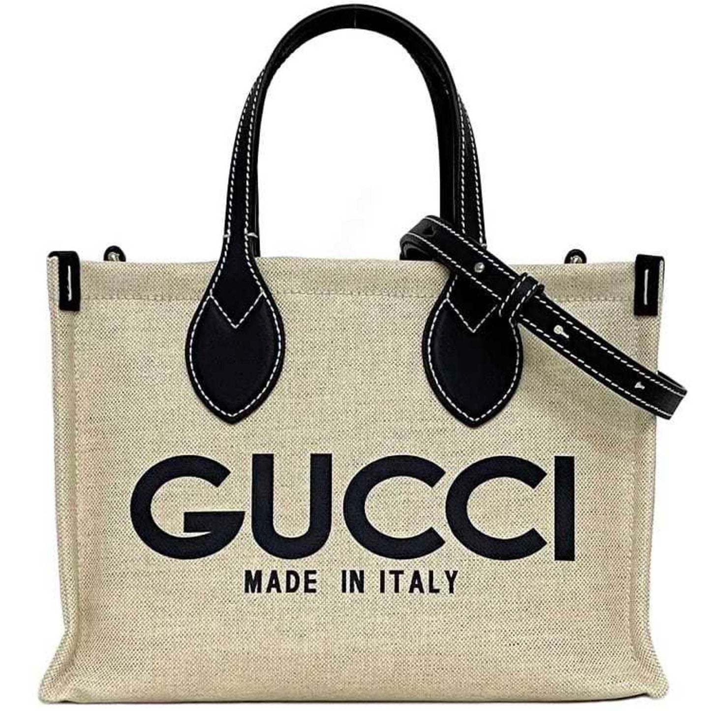 Gucci Beige Navy Canvas Leather Handbag Shoulder Bag Tote Bag