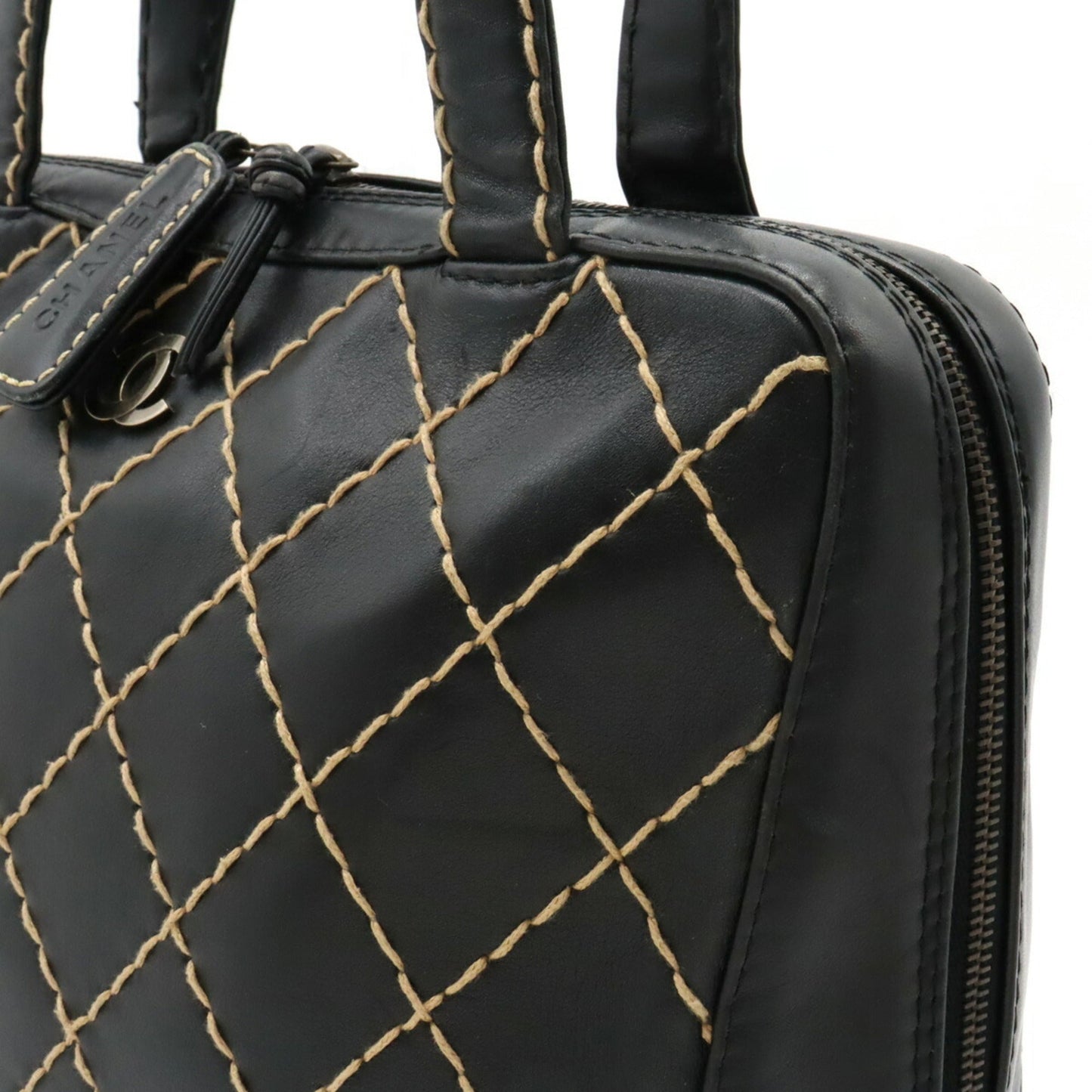 Chanel Wild Stitch Coco Mark Tote Bag HandBag Leather Black A14693