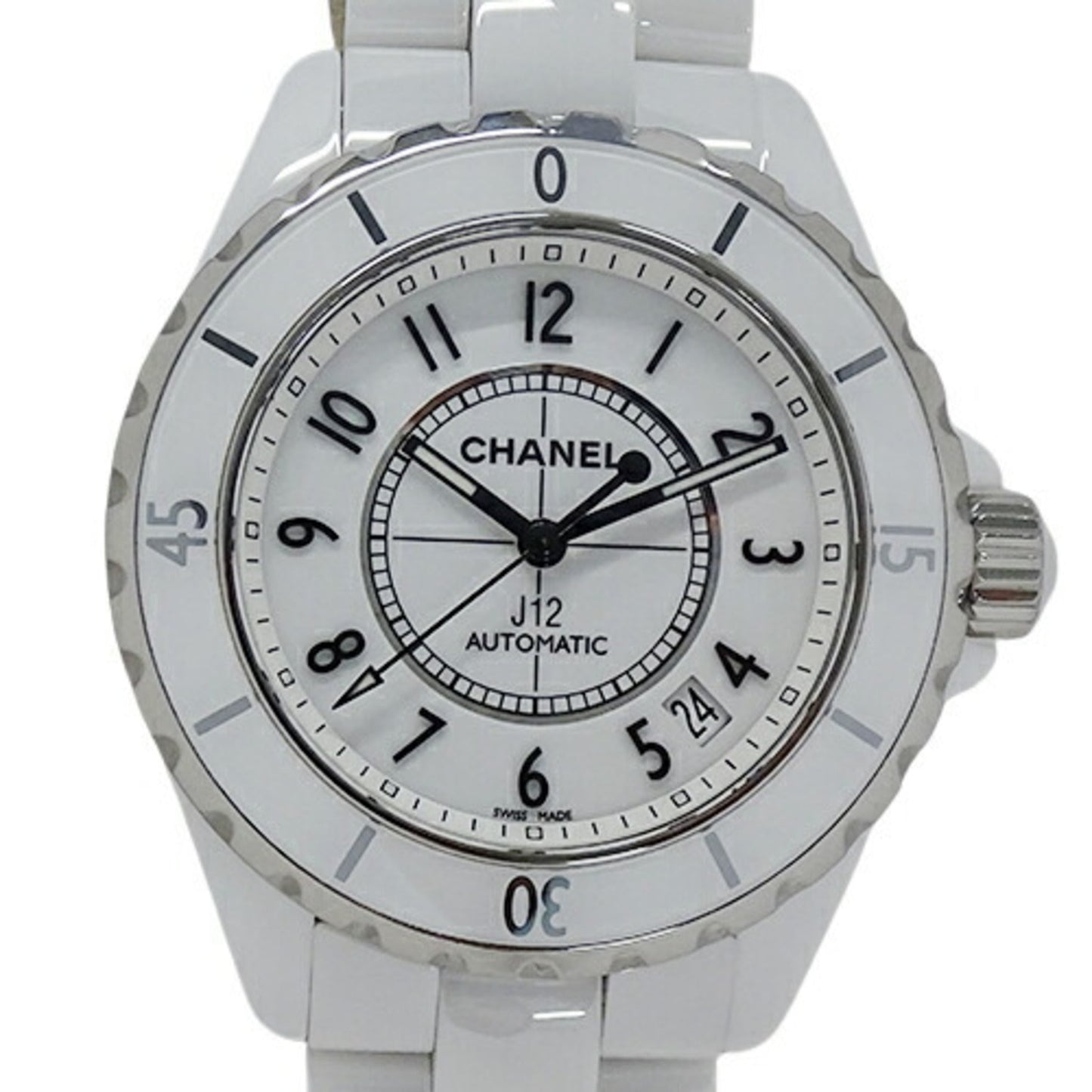 Chanel Watch Men's J12 Date Automatic Winding AT Ceramic Stainless Steel SS H0970 White Silver Polished