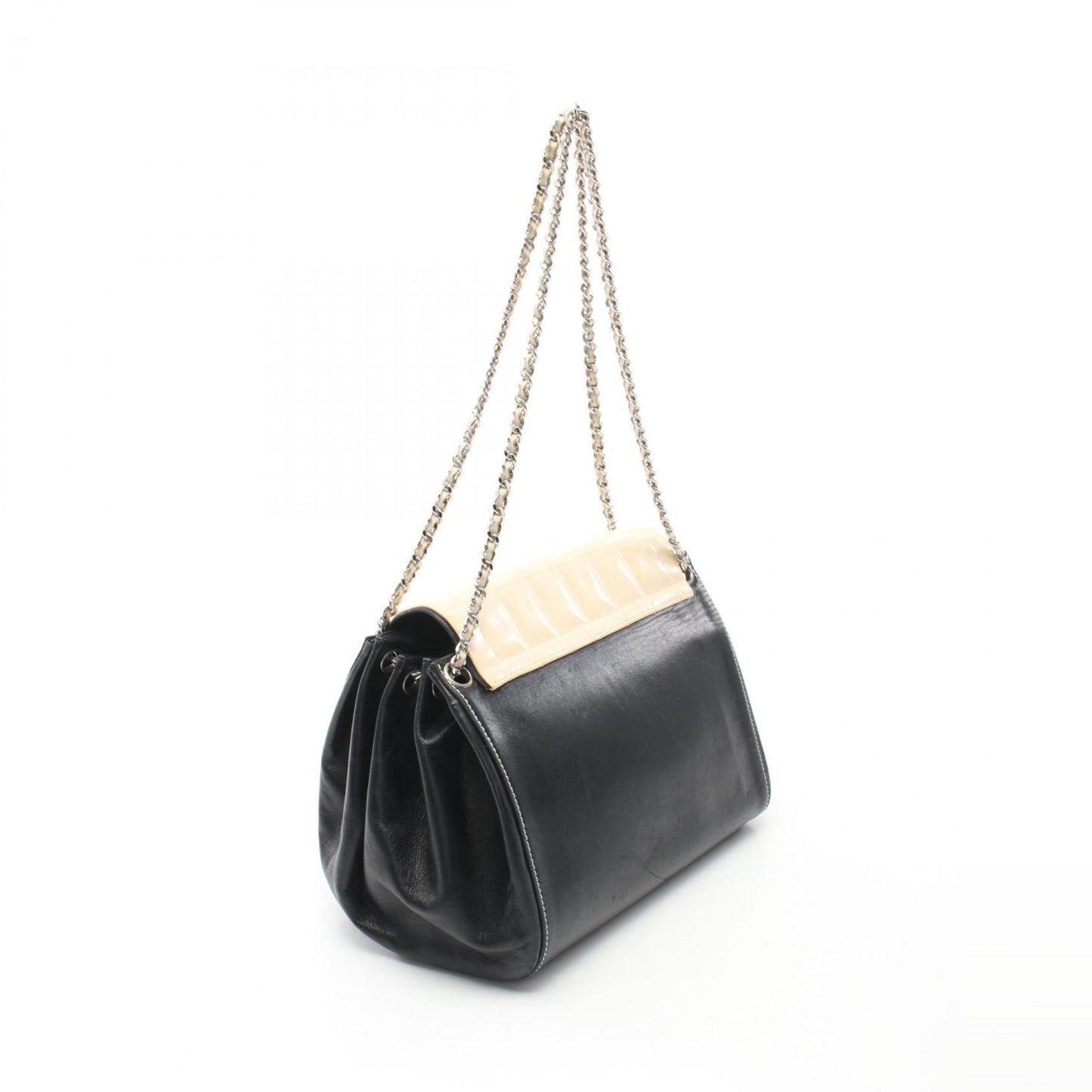 CHANEL 2.55 Chocolate Bar Shoulder Bag Patent Leather Lambskin Women's Black Beige