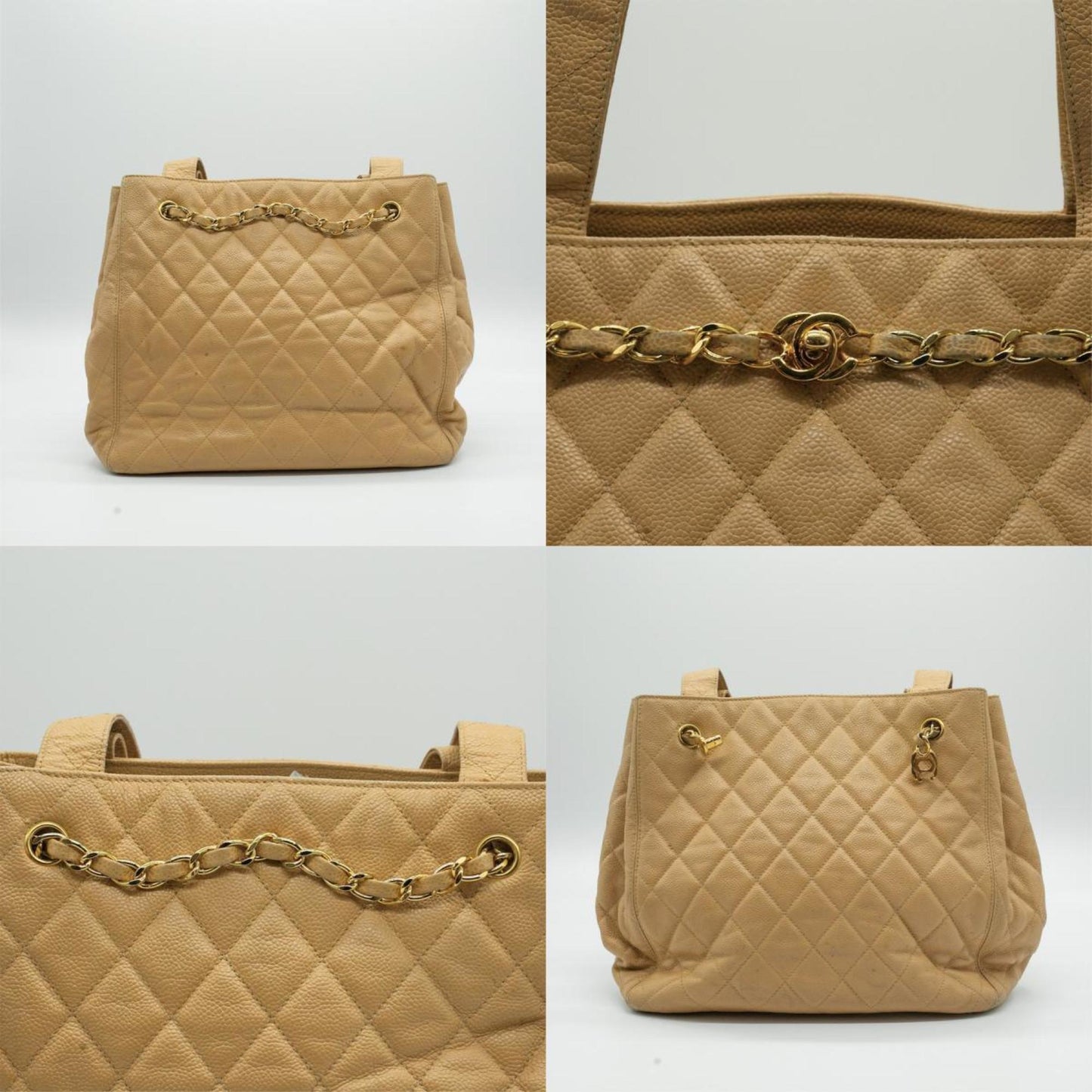 CHANEL Tote Bag Matelasse Coco Mark Chain Lock Leather Beige Gold Women's PD33