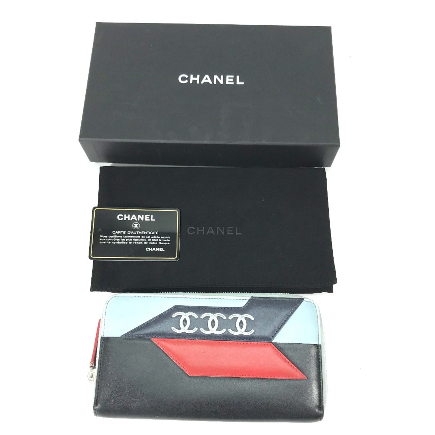 Chanel airline triple coco Zip Around Long Wallet Black Light blue