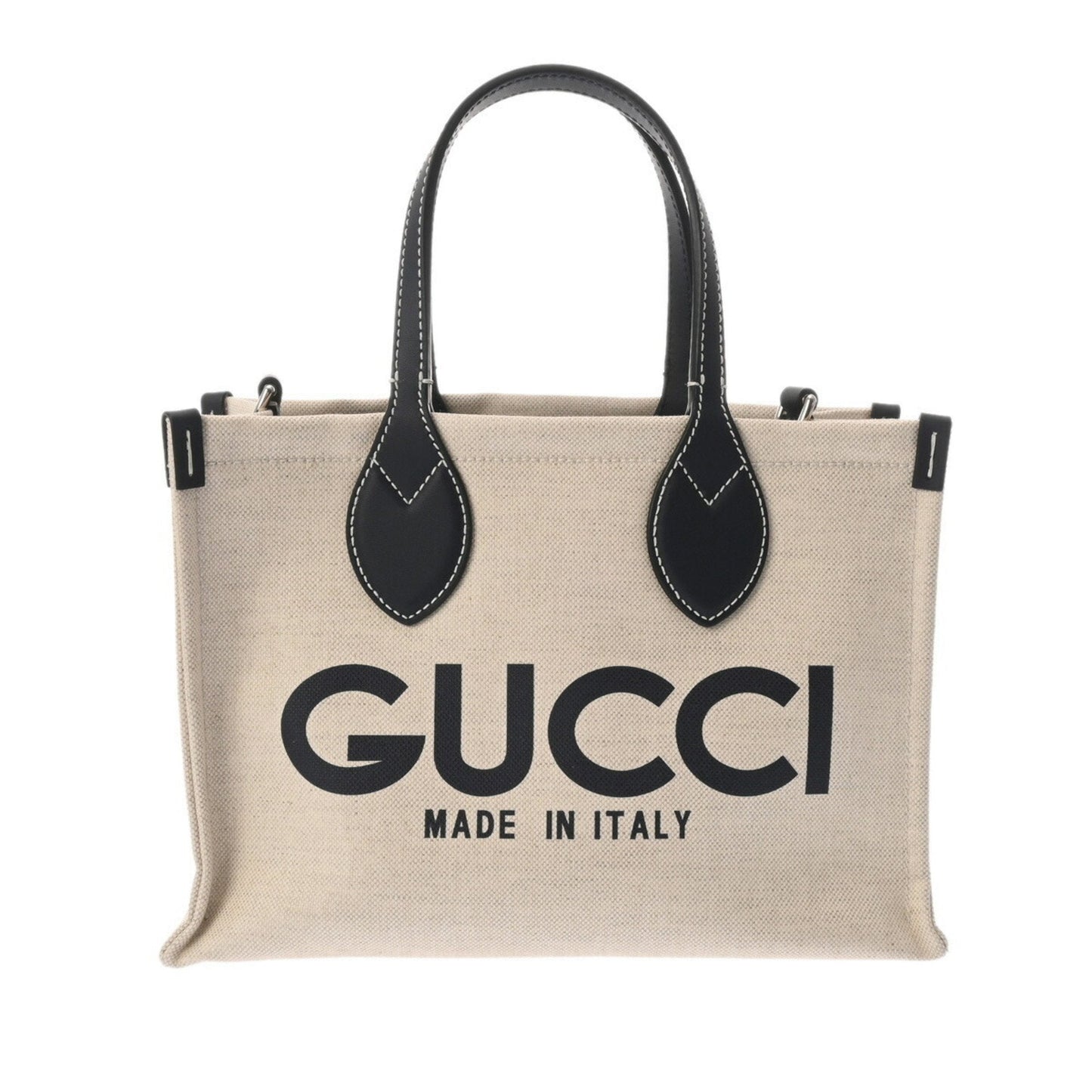 Gucci Beige Navy Canvas Leather Handbag Tote Bag