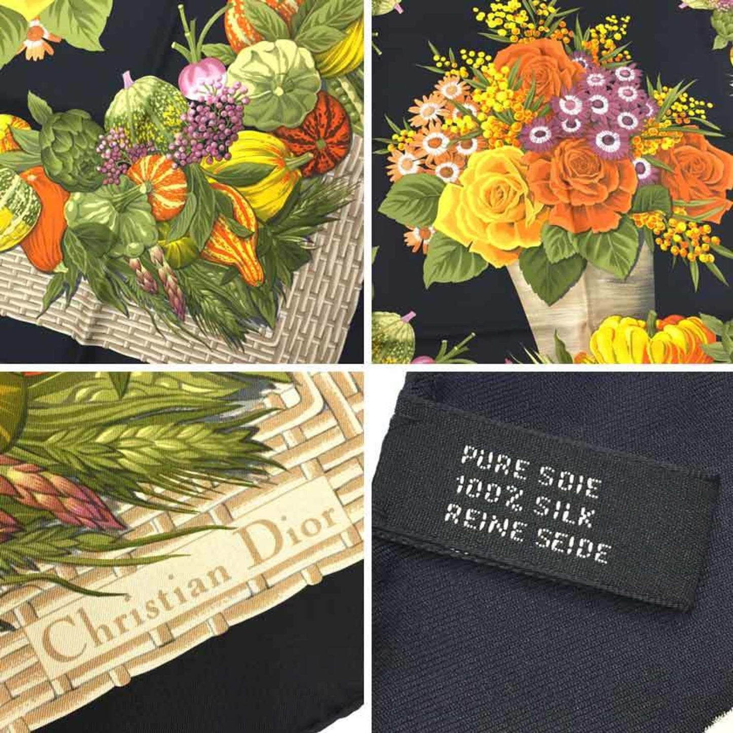 CHRISTIAN DIOR Scarf Carre Flower Fruit Silk Black