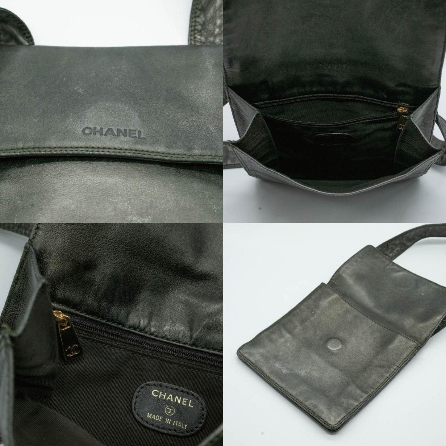 CHANEL Shoulder Bag Square Sacoche Lambskin Khaki Gold Men's Women's P16200 PD9