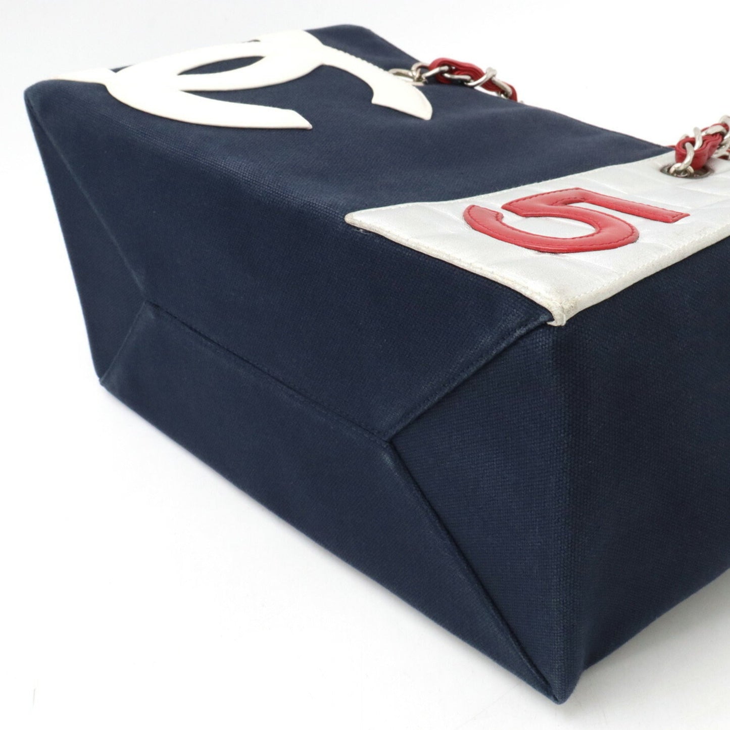 CHANEL Coco Mark No.5 Tote Bag Shoulder Chain Canvas Leather Navy Red Silver A18644