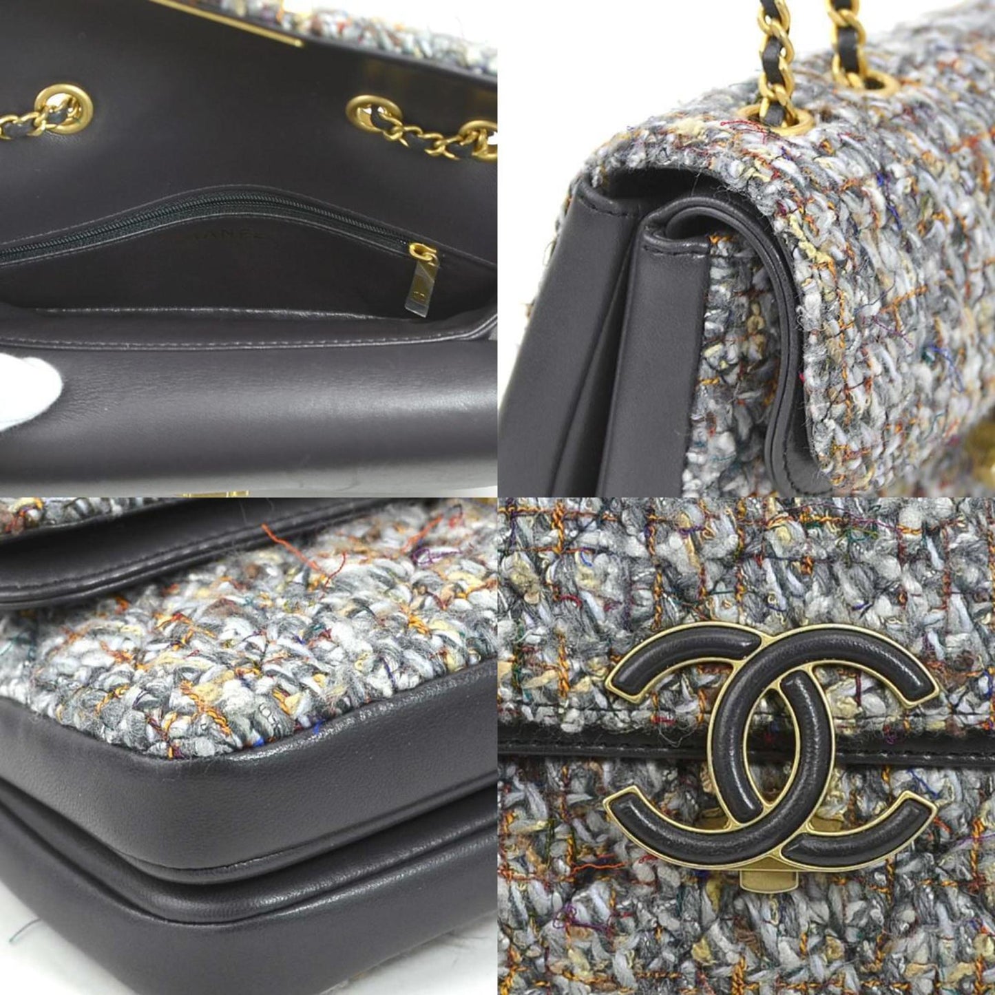 CHANEL Shoulder Bag Coco Mark Tweed/Leather Gray/Blue/Multicolor Gold Ladies