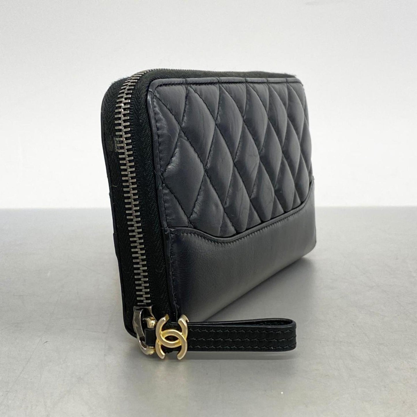 Chanel Long Wallet Matelasse Gabrielle Leather Black Champagne Women's