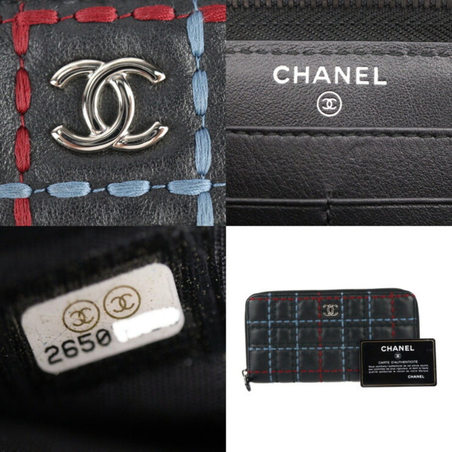 CHANEL Chanel Long Zip Wallet Lambskin Black Stitch Quilting Coco Mark Round