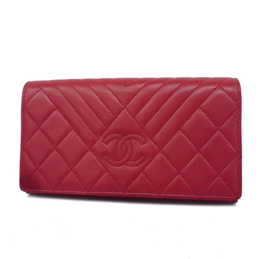 Chanel Long Wallet Matelasse V Stitch Caviar Skin Red Women's