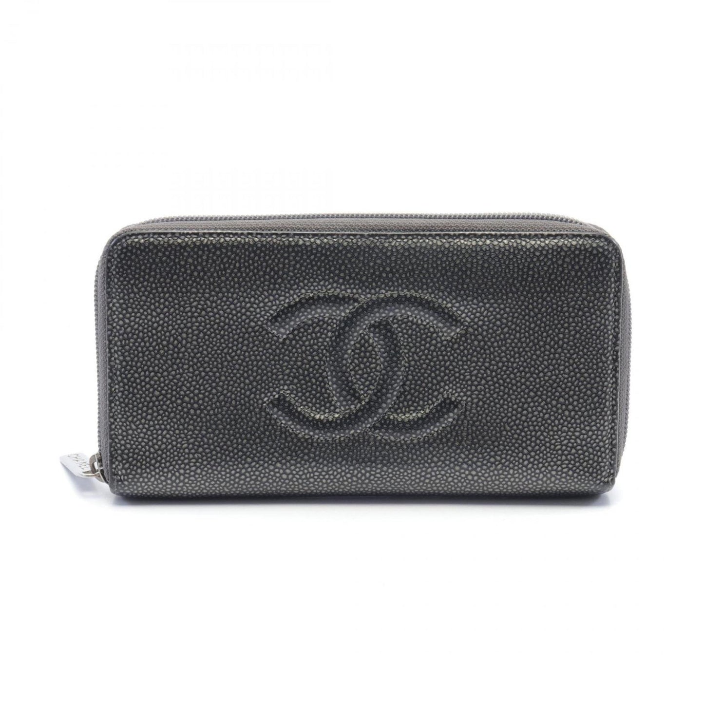 CHANEL Coco Mark Round Long Wallet Caviar Skin Women's Gray