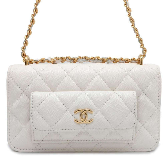 Chanel Chain Wallet Matelasse Coco Mark Caviar Skin CHANEL Pochette White Pouch Women's WALLET