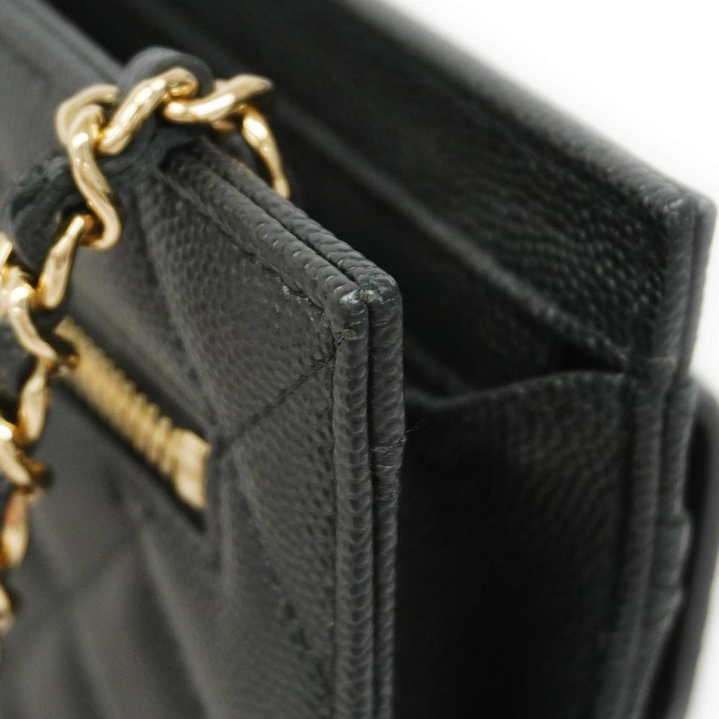 Chanel Shoulder Wallet Matelasse Chain Caviar Skin Black Champagne Women's