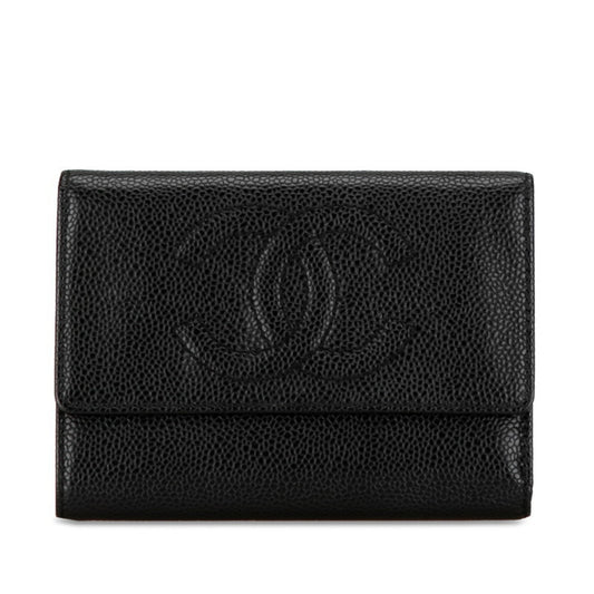 CHANEL Coco Mark Tri-fold Wallet Black Caviar Skin Women's