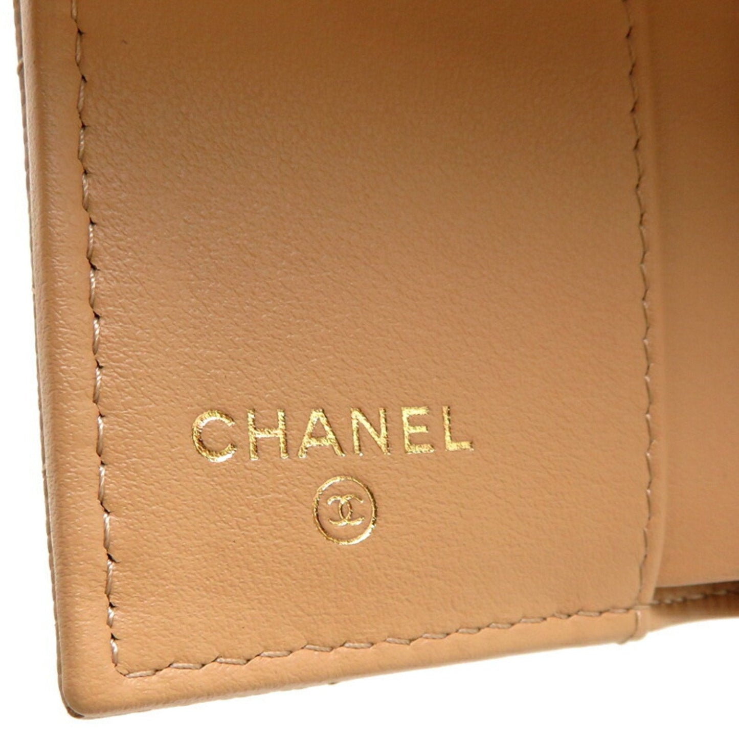 Chanel Seal Caviar W Compact Wallet Women's Tri-fold Skin Beige