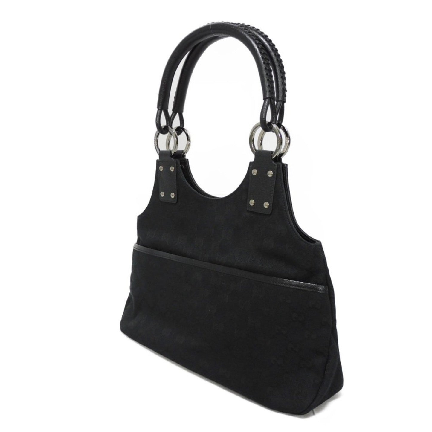 Gucci Black Gg Canvas Leather Handbag Tote Bag