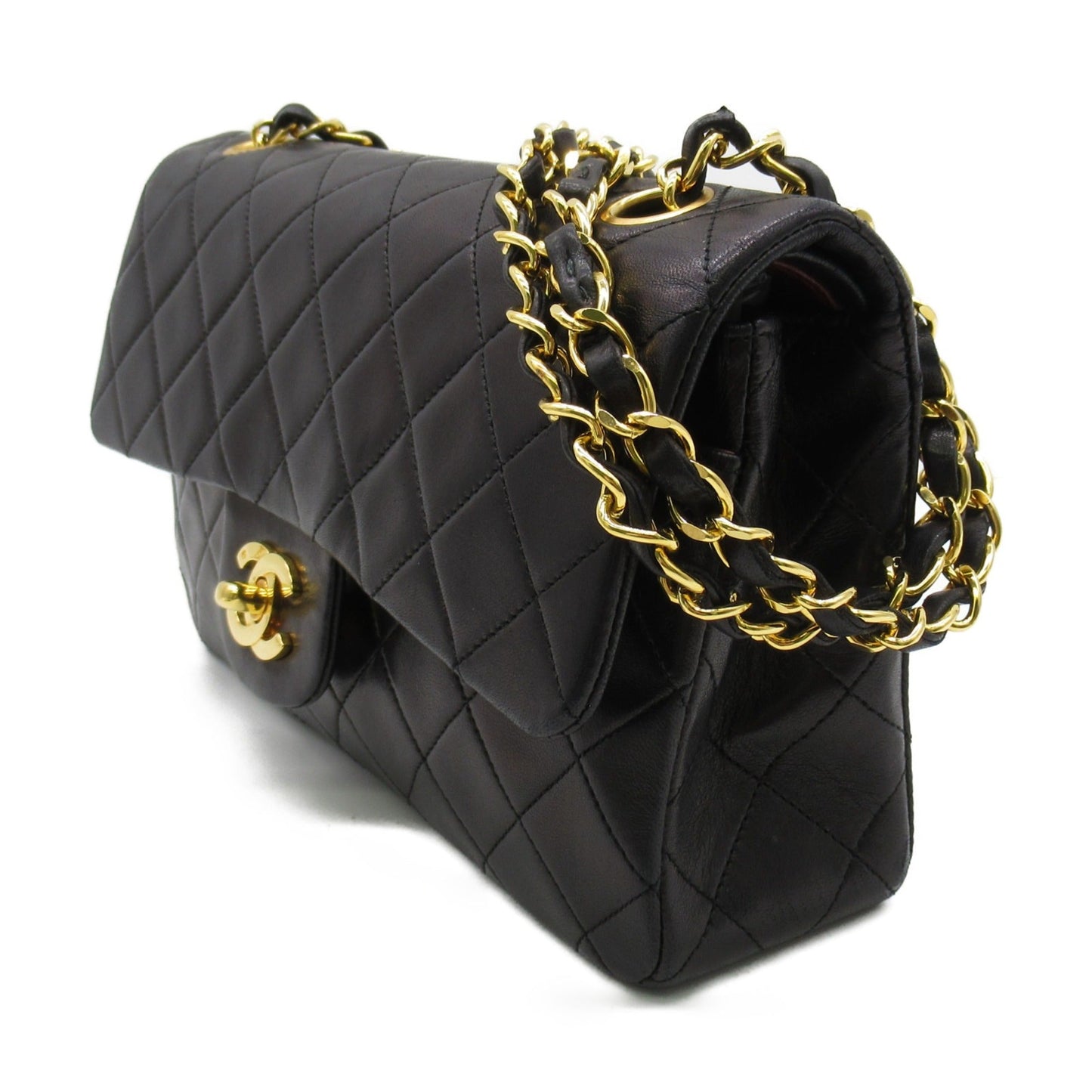 CHANEL Matelasse Double Flap Chain Shoulder Bag Black Lambskin (sheep leather)