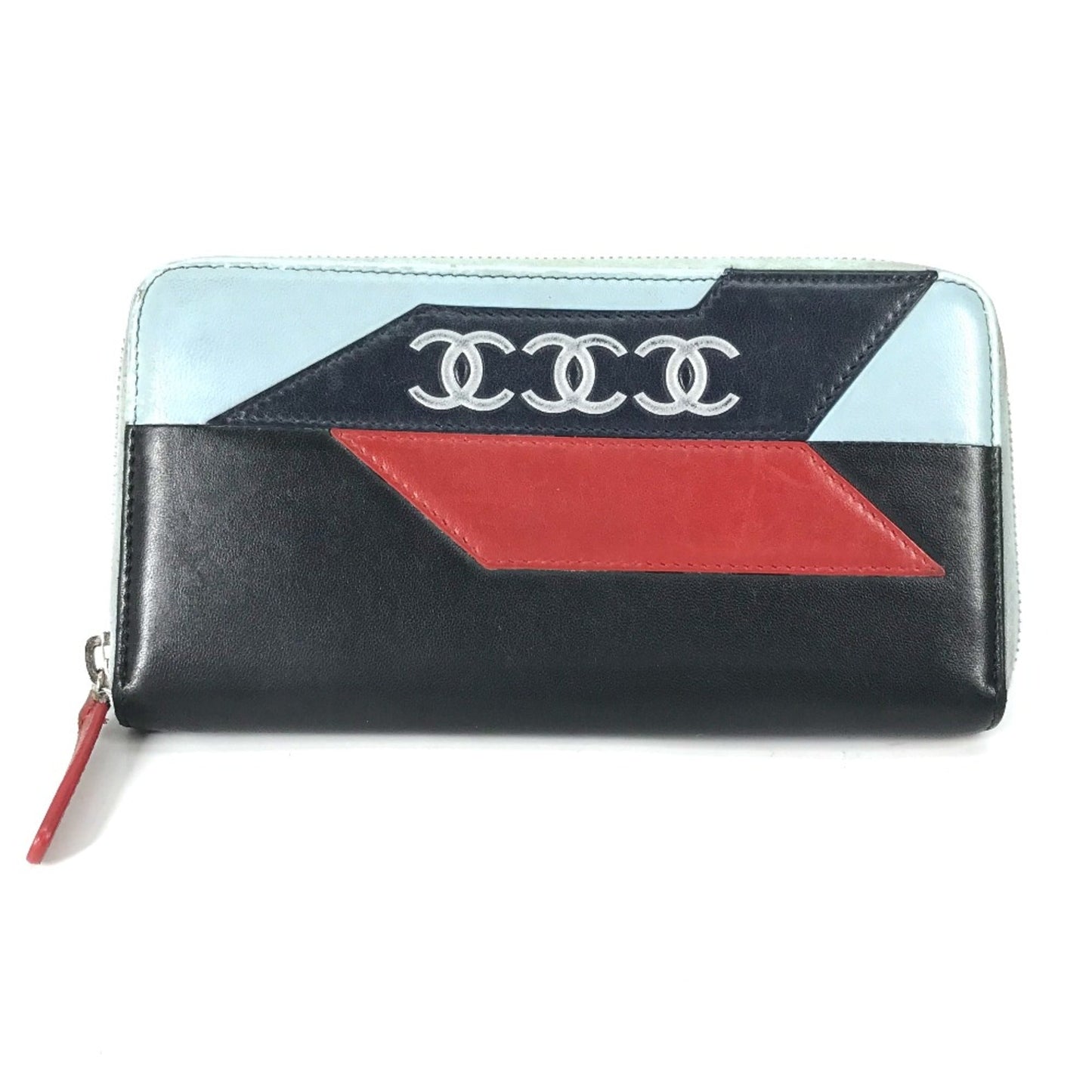 Chanel airline triple coco Zip Around Long Wallet Black Light blue