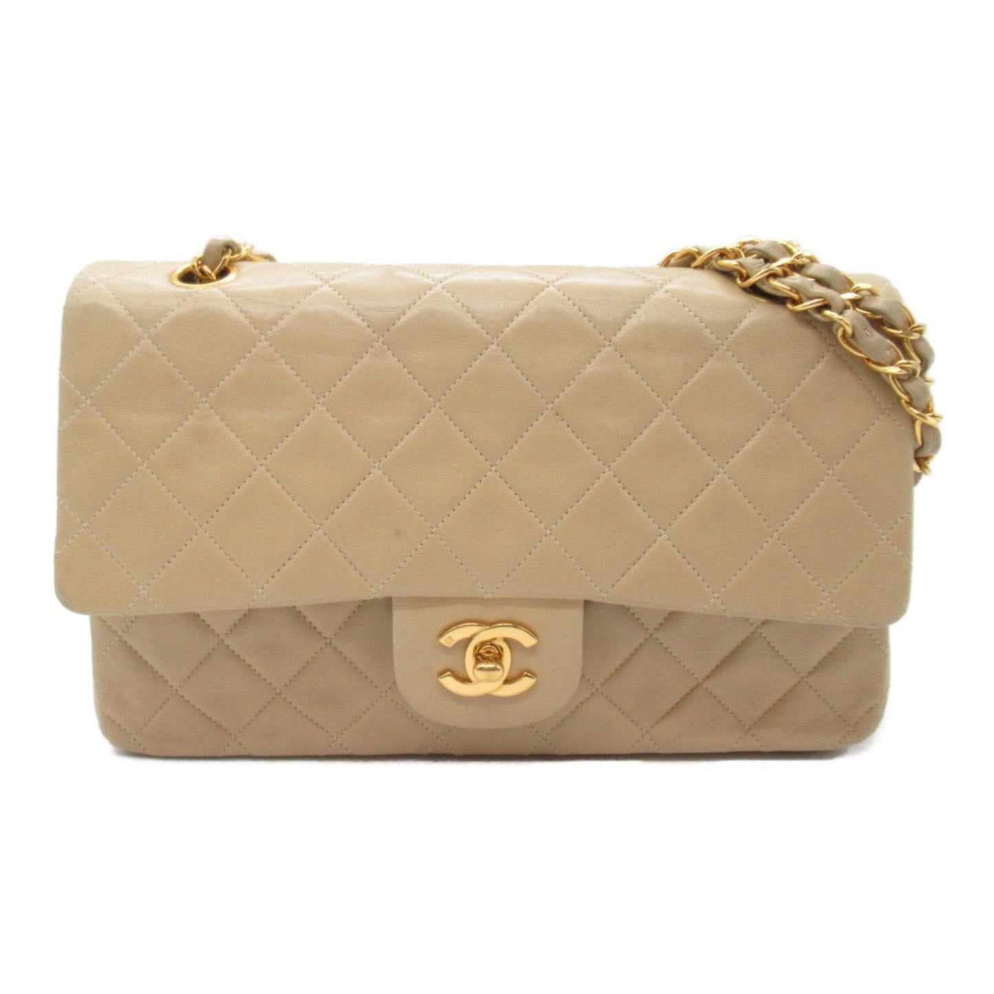 CHANEL Matelasse Double Flap ChainShoulder Bag Beige Lambskin (sheep leather)