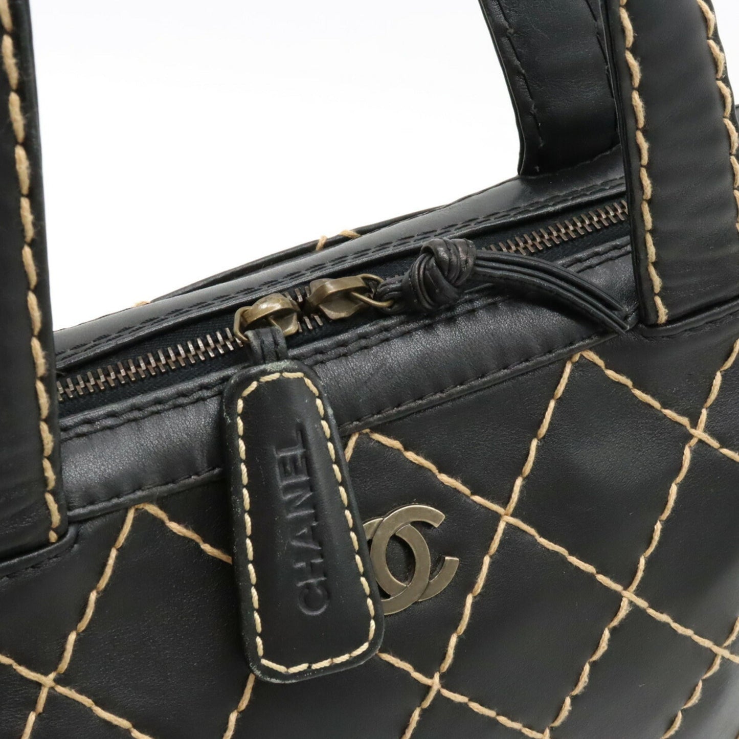 Chanel Wild Stitch Coco Mark Tote Bag HandBag Leather Black A14693